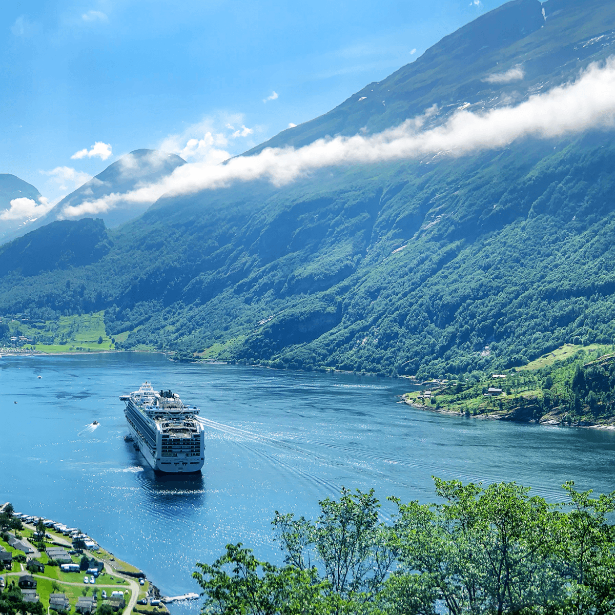 A cruise ship in a fjord in Norway