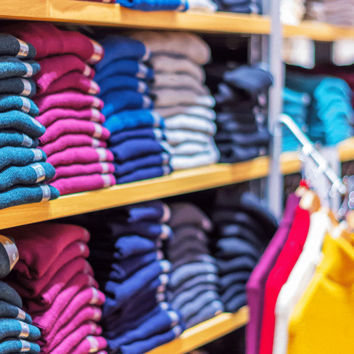 Colourful items of clothing folded on shelves in a clothing store
