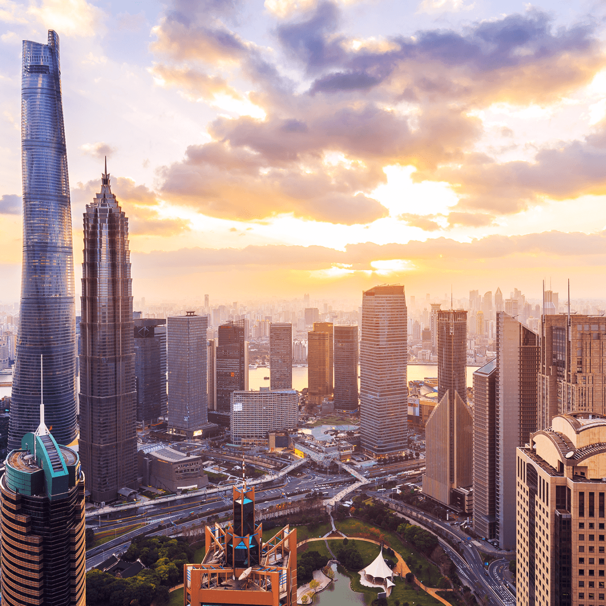 An image of the Shanghai skyline at sunset