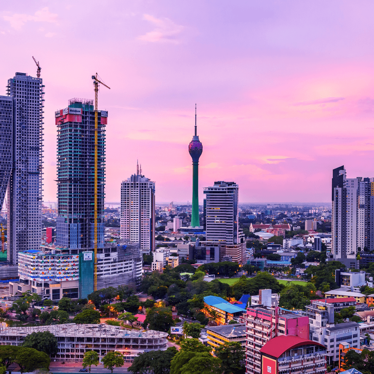 a panoramic view of Colmobo, Sri Lanka, at sunset